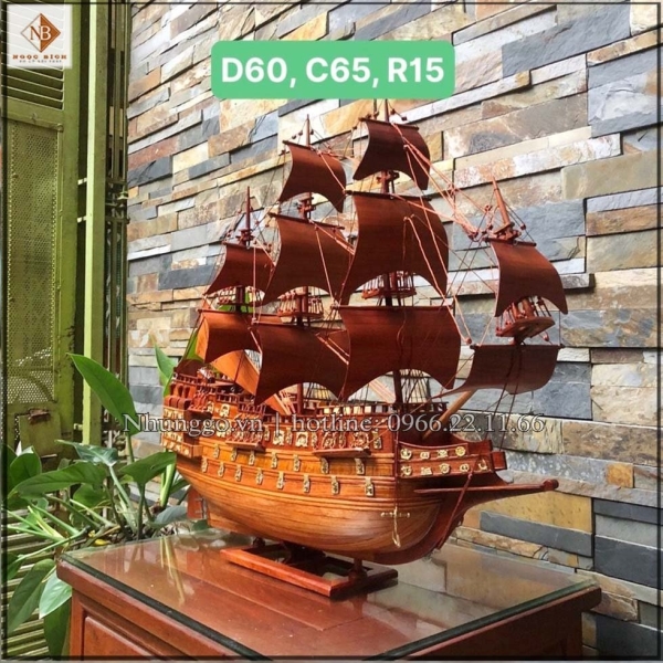 Thuyền buồm phong thủy gỗ hương dài 68cm